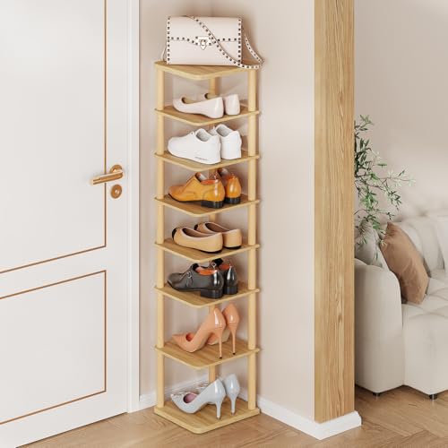 8 Tiers Vertical Shoe Rack Tall Narrow Shoe Tower Corner Shoe Rack, Natural