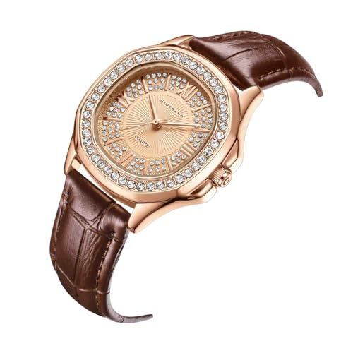 Image of Giordano Luxury Analog Watch for Women with Crystal-Studded Bezel & Leather Strap - Octagonal Case, Elegant Quartz Wristwatch