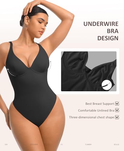 FeelinGirl Bodysuits for Women Tummy Control Thong Shapewear Body Suit Sexy Deep V Neck Corset Tops for Women4