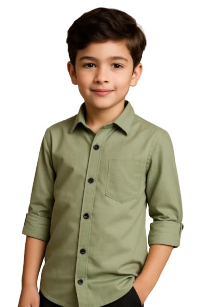 Image of Boys Kids Light Green Cotton Shirt, Long Roll-Up Sleeves, Party, Age 2-10 Years