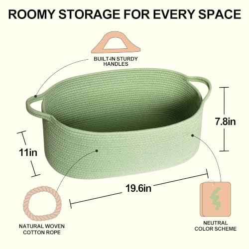 Image of Large Woven Gift Basket Empty, Green Cotton Rope Storage Bin, Dog Toy Box, Baby Nursery Organizer Bin, Decorative Big Shelf Basket, Blanket Storage, Room Decor, Sage Green, 19.6 inchx11 inchx7.8 inch