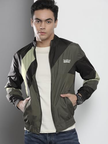 Image of The Indian Garage Co Men Black Regular Fit Placement Print Standup Collar WindCheater (Black XL)