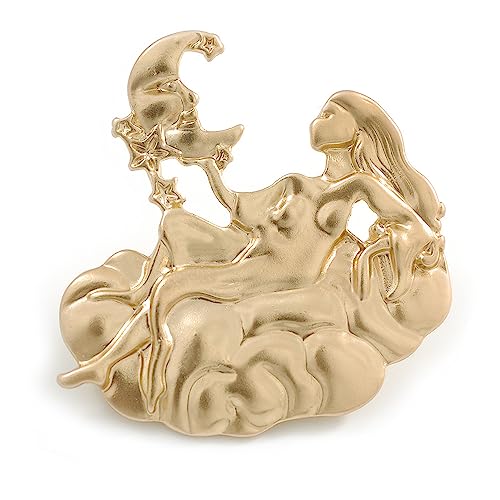 Matt Gold Cloud Moon/Stars and Young Lady Brooch - 45mm