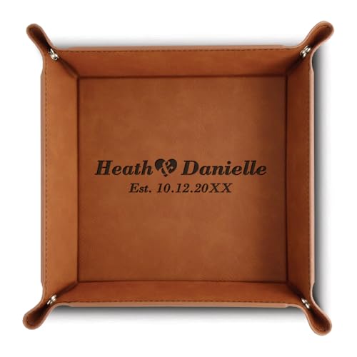 Bella Busta-Personalized Leather Valet Tray – Custom Engraved Catchall with Names & Date – Gift for Couples, Anniversary, or Wedding -Engraved Faux Leather Tray