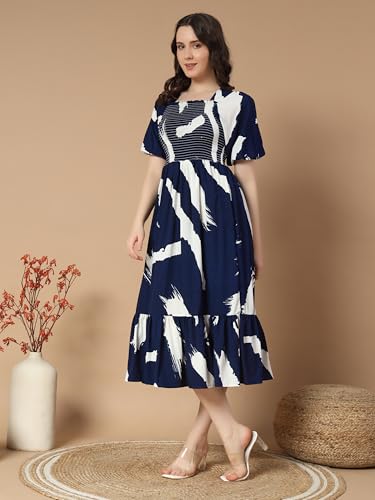 Kzully Women's Crepe A-Line Midi Dress (1001-Brush-Navy Blue-L_Dark