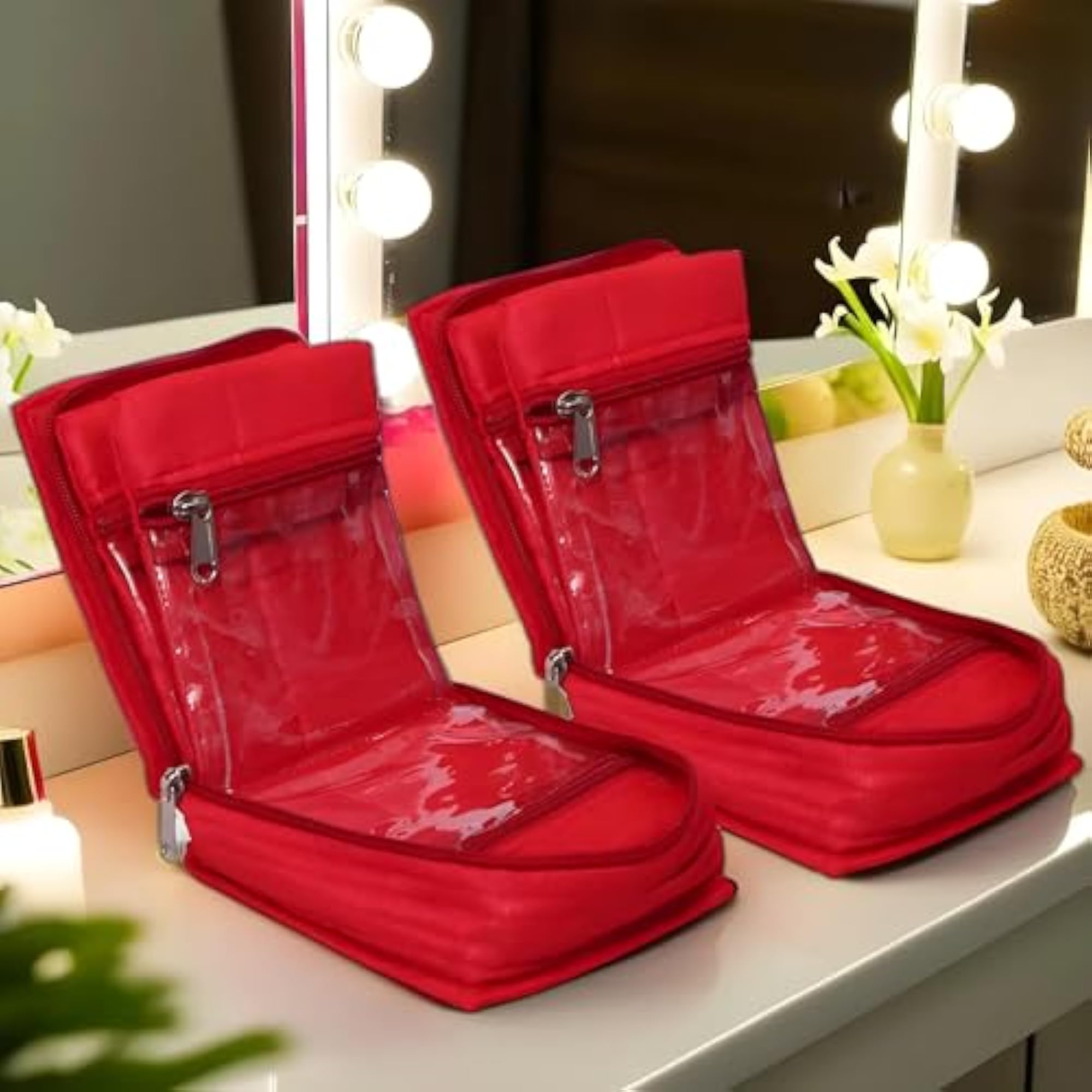 Cotton Portable Jewellery Organizer With 4 Transparent Pockets
