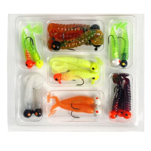FOLANDO 34pcs Soft Plastic Lures Kit - Sea Fishing Jig Heads & Hooks for Bass, Perch, Pike
