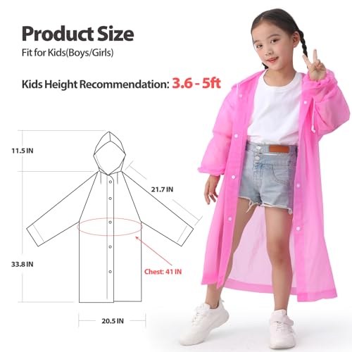 OFFITECTURE 2-Pack Reusable Rain Ponchos for kids - Hooded Raincoats for Boys Girls (Blue+Pink)3