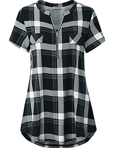 Womens Shirt, Ladies From-Fitting Grid Short Sleeve Button Down Top Buffalo Plaid Retro Geometric Print Blouses Shift Dressy Hipster Draped Tunic For Office Black Xxxl #TOP30