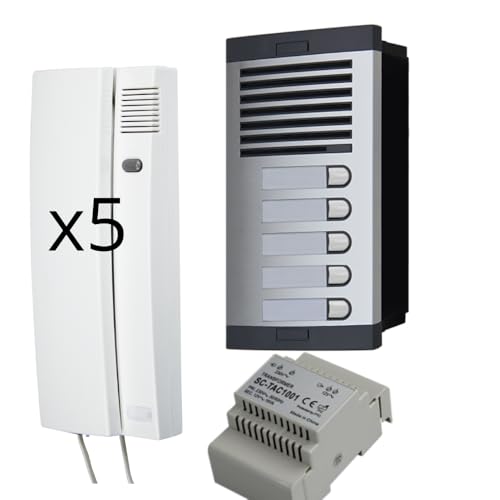 Portero Automático con Sistema de analogico 4+n, para comunidades Completo :Placa Calle,telefonillos Caja de empotrar y Fuente de alimentacion. gran calidad de fabricacion (5 viviendas)