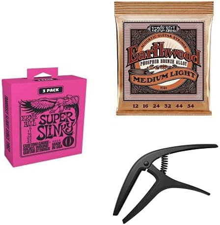 Cuerdas de guitarra eléctrica Super Slinky Paquete de 3 con un solo paquete de cuerdas de guitarra acústica de bronce fosforado de madera terrestre de luz media y capo de doble radio de eje de satén negro