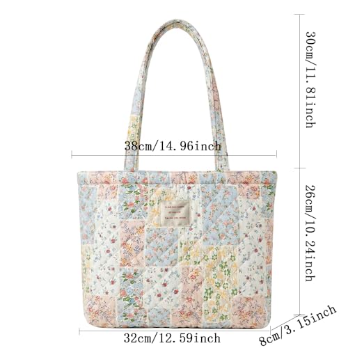 Image of Floral Quilted Cotton Shoulder Bag for Women Medium Size Handbag Large Capacity Thickened Design Tote
