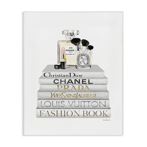 Image of Bookstack Makeup Glam Still Life, 30 x 40 Inch Canvas Wall Art | Stupell Industries . By Amanda Greenwood . Ready to hang . Chic gift for readers and beauty lovers . Made in USA