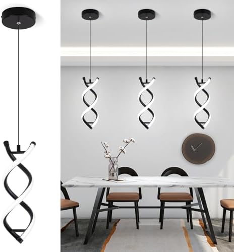 CANEOE Spiral Led Pendant Light Fixture,15W 6000K Modern Integrated LED Hanging Lamp, Adjustable Height Black Kitchen Island Light Fixture for Dining Room Bedroom Kitchen Sink, 1 Pack (Black)