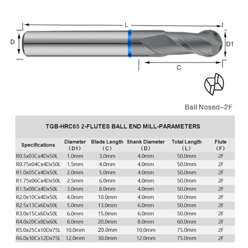 Image of Carbide Ball Nose EndMill HRC65 Double Edge 2 Flute TiSiN Coating Tungsten Steel Color-Ring Milling Cutter for Metal Steel TGB Series 11pcs Set