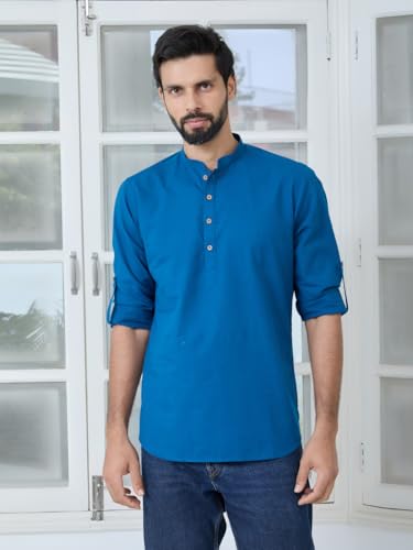 Image of See Designs Men's Roll-Up Sleeve Mandarin Collar Cotton Solid Short Kurta (Pack of 2) - Festive Collection