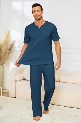 Image of JiniGolla Mens Pajamas Set Soft Short Sleeve Top and Pant Loungewear Sets 2 Piece Pjs with Pockets