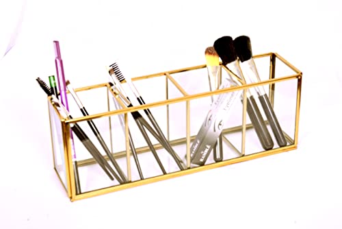 Image of Gold Glass Makeup Brush Organizer - Cosmetic Brush Holder with Metal Frame for Vanity, Dressing Table & Bathroom Counter - Multi Slot Makeup Storage - 29 x 7.5 x 10 cm