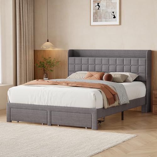 Image of Queen Size Storage Bed Frame, Square Tufted Headboard, Platform Bed with 2 Underbed Drawers at Foot, Wooden Slats Support, No Box Spring Needed, Dark Gray