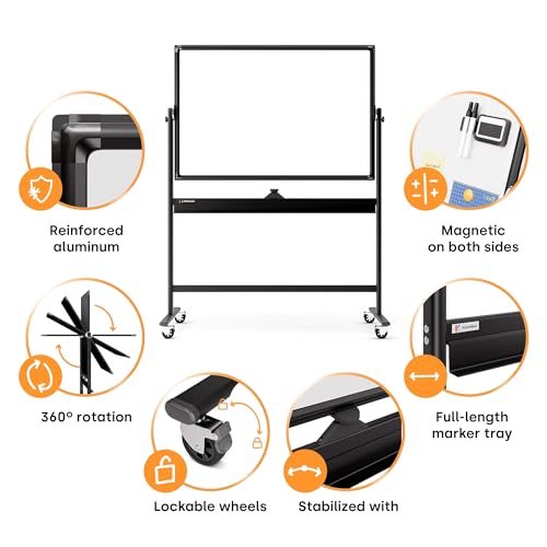Image of Rolling Dry Erase Board 46 x 32 - Large Portable Magnetic Whiteboard with Stand - Double Sided Easel Style Whiteboard with Wheels - Mobile Standing White Board for Office, Classroom & Home