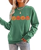 CM C&M WODRO Pumpkin Face Halloween Sweatshirts Women Fall Long Sleeve Crewneck Loose fit Pullover Tops(Green,L)