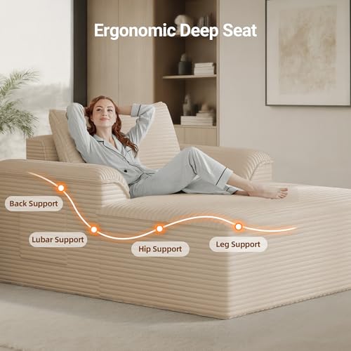 Image of Claiks 68 inch Oversized Chaise Lounge Chair Indoor, Corduroy Upholstered Boneless Sofa Bed, Deep Seat Sleeper Couch with Pillows and Armrest, Cloud Sofas Reading Chair for Living Room, Khaki