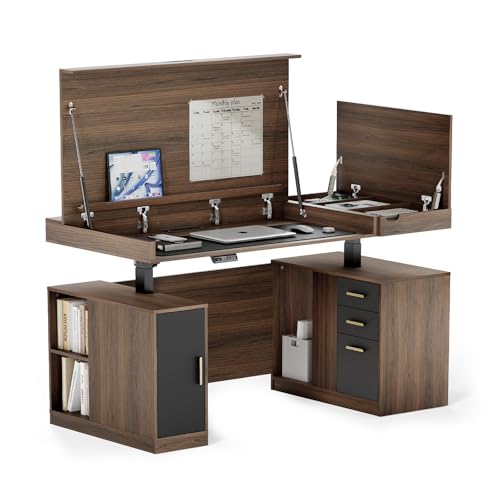 ModernMate 63" Executive Standing Desk with Lift Top Hidden Compartment & Storage 3 Drawers, Adjustable Height Table to Desk w/Power Outlets & Privacy Panel, for Gaming Dinning Home Office