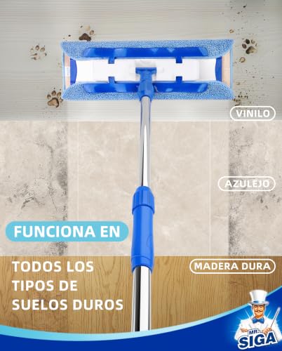 Miniatura 8 de Mr.Siga Trapeador Profesional De Microfibra Para Madera Dura, Laminado, Limpieza De Suelos De Baldosas, Incluye 3 Trapeadores Planos Reutilizables Y 1 Estropajo Para Quitar La Suciedad