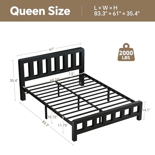 Image of Queen Size Metal Platform Bed Frame with Movable USB Charging Ports | 2000 Lbs Heavy Duty Noise-Free Steel Slats, 10 inch Under Bed Storage, Thickened Vertical Slatted Headboard, for Teens Dorm Adult