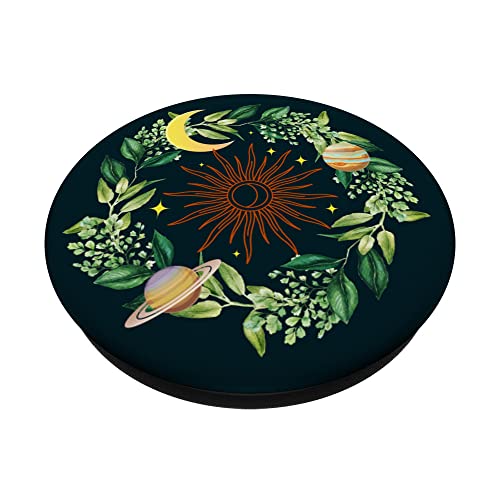 Line Art Sun Floral Celestial Flower Wreath Aesthetic Moon PopSockets Swappable PopGrip, Black - Image 2
