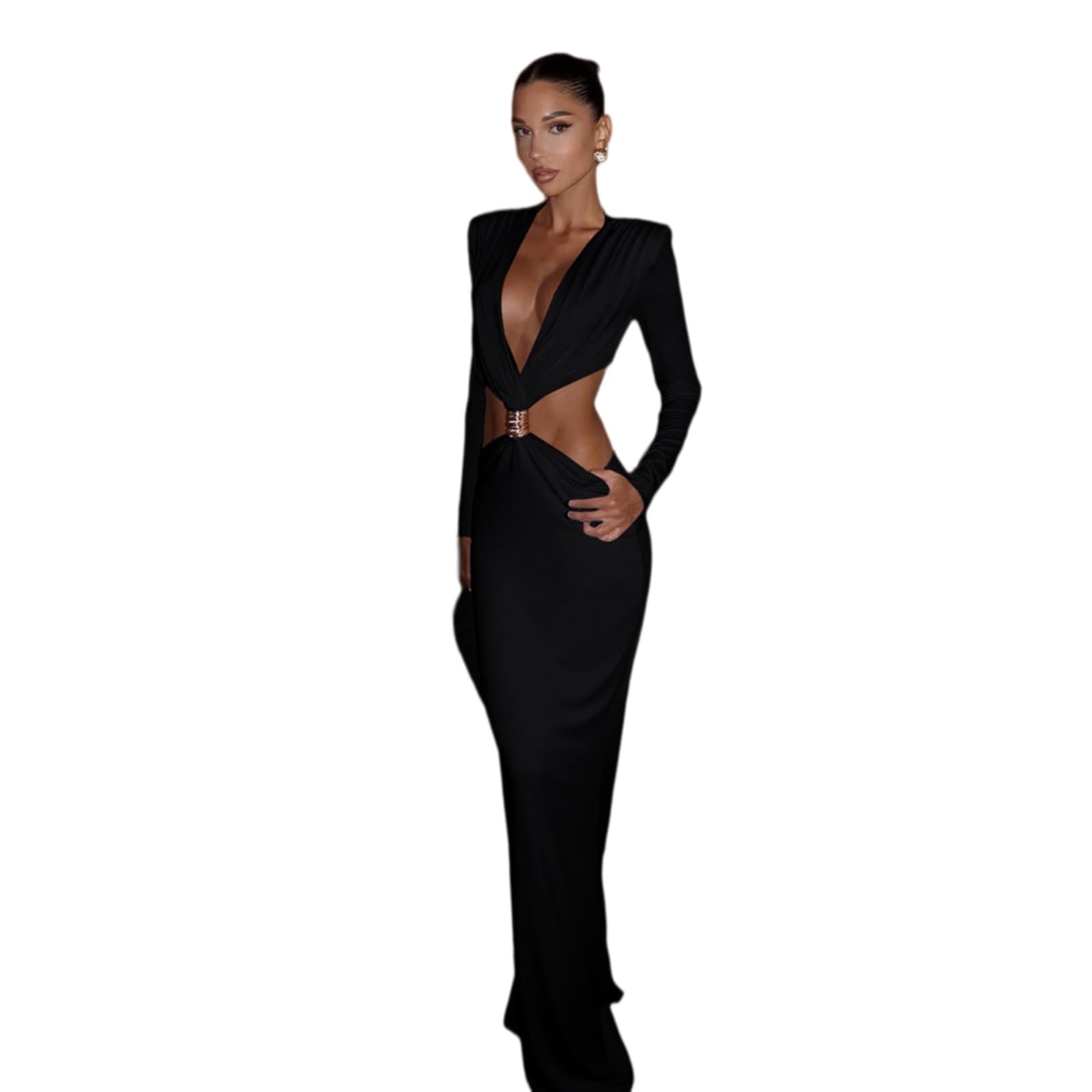 Vestito Donna Ruched Maxi Abito Profondo V Collo Manica Lunga Metallo Fibbia Elegante Festa Sera da Ballo-Black-s