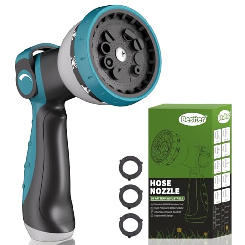 Hose Nozzle, Garden Hose Nozzle with 10 Spray Patterns, Thumb Control On Off Valve, Adjustable and Heavy Duty for Washing Car, Watering Plants, Washing Pets, and Home Use