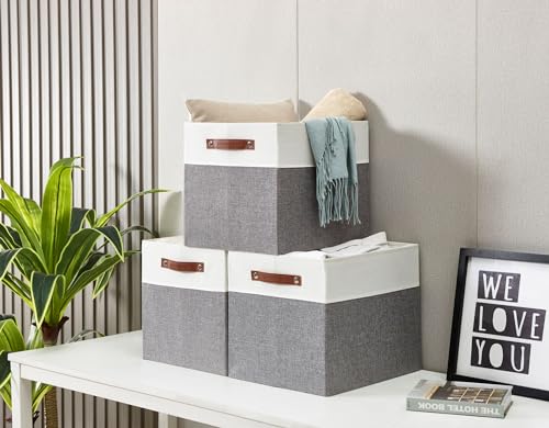 Image of DECOMOMO Cubby Storage Bins | 13x15x13inch Fabric Storage Cubes for Kallax Shelves Cloth Nursery Decorative with Handles (Grey and White, 13x15x13-3P)