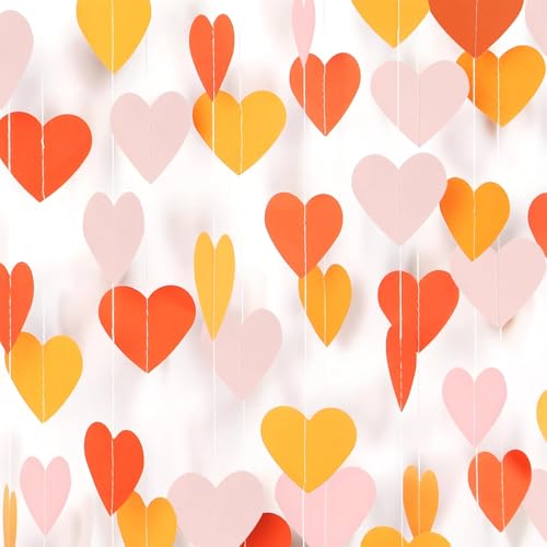 Image of Yellow-Pink Orange Party Decorations Heart Garland Streamers, 39Ft Fall Autumn Thanksgiving Harvest Hanging Paper Banner, Engagement Birthday Baby Bridal Shower Wedding Bachelorette Groovy Decor