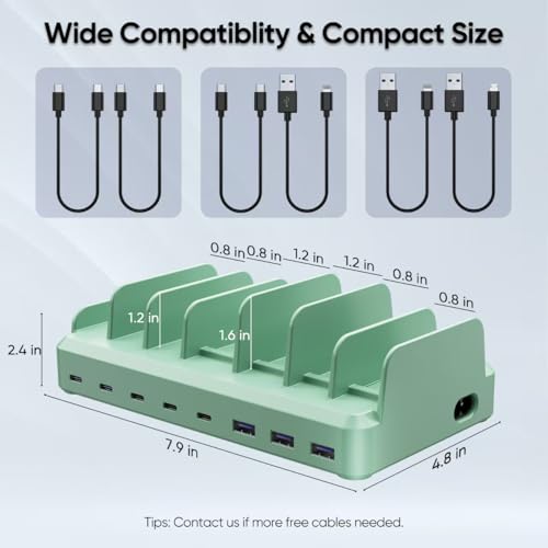 Image of 300W Charging Station for Multiple Devices, 8 Port Multi USB C Fast Charger Station Dock for MacBook iPhone 16 /15 /14 /13 /12 Samsung Pixel Series iPad, Green (6 Mixed Short Cables Included)