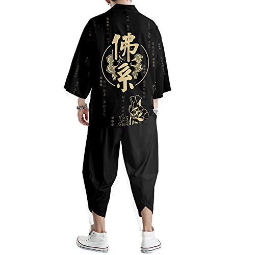 Image of DOSLAVIDA Men's Japanese Kimono Jacket Set Stylish Open Front Coat With Shorts Chinese Style Printed Cardigan Suit