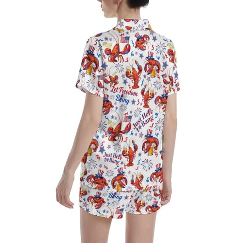 Image of Funny Satin Pajamas Set for Women Button Down Sleepwear Print Pjs Set 2 Piece Short Sleeve Loungewear Gift for Women