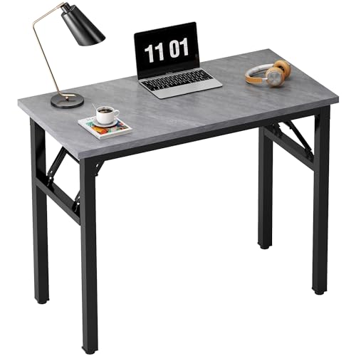 Image of Need 31.5 Inch Folding Desk for Small Spaces, Home Office Computer Desk with Grey Wood Top & Black Frame, Foldable Writing Table for Study, Bedroom, Dorm Room & Student