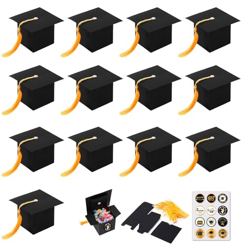 Boîtes cadeau graduation 24 pcs avec pompons jaunes et autocollants 4 feuilles, chapeau diplome boîte bonbons pliable 6x6x6 cm, décoration fête remise...