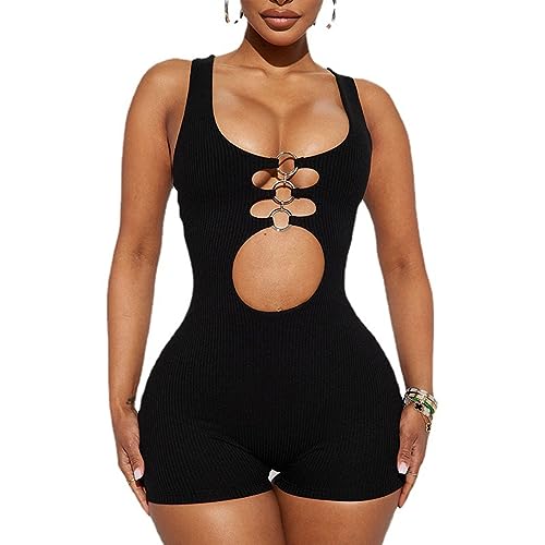 KOEMCY Jumpsuit Damen Kurz Overall Sexy Hollow Out Sommer Casual Hosenanzug Playsuit Ärmellose Tank Top Lose Hose Romper für Workout Casual Yoga Fitness (Schwarz, S)