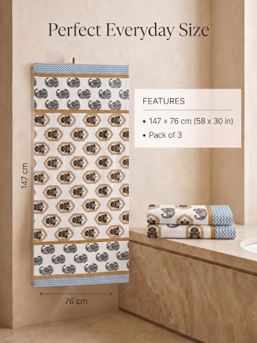 Image of Mafatlal Madhuban 250 GSM Premium Bathroom Towels Pack of 3 | Waffle Cotton | 147 x 76 cm | Lightweight & Quick Dry | Floral Design | Taupe Beige