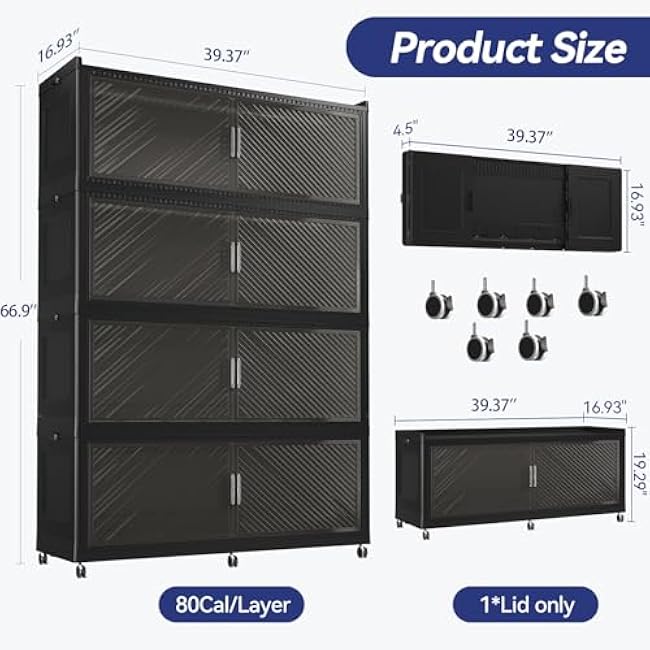 320GAL Extra Large Stackable Storage Bins with Lid, 1280QT Plastic Closet Organizer and Storage Cabinet with Wheels and Doors, Folding Storage Box Container for Home Organization, 4Pack Black