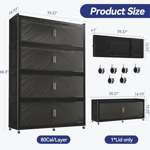 Image of 320 Gallon Extra Large Collapsible Storage Bin with Lid, 960QT Stackable Plastic Organizer with 6x Wheels, Foldable Drawer Cabinet for Closet, Living Room Office, Kitchen 4Pack, Black
