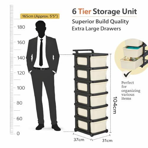 Image of KITCHIVO Heavy Duty Plastic Storage Drawer with Wheels | Modular Cabinet for Bedroom, Office, Home or Classroom| Chest of Drawers Organiser for Cosmetics, Kitchen items, Toys (Black & Ivory, 6)