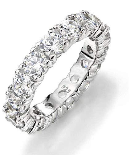 Unisex 4mm Eternity Cubic Zirconia CZ Tennis Ring Solid 925 Sterling Silver Stackable Eternity Engagement Wedding Band for Men and Women ICY CZ Pinky Ring ANTI-TARNISH