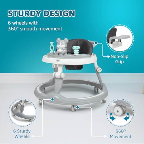 Image of Amazon Brand - Supples Baby Walker (Musical) | Kids Walker with Toys | Baby Walkers for Boys & Girls 9+ Months | Adjustable Height Walker with RGB Lights | Plastic | Grey & White