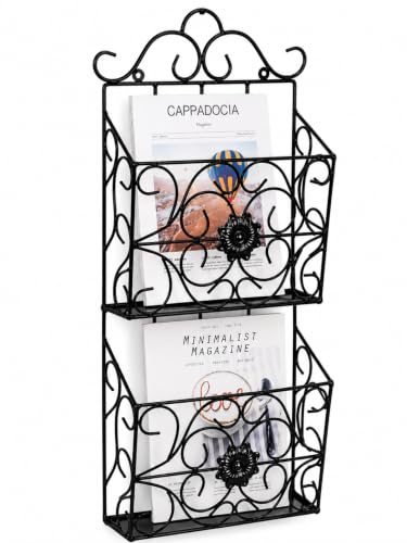Image of Wall Mounted Hanging File & Magazine Holder - Metal Organizer for Newspapers, Documents & Office Storage | Decorative Rack for Home & Workspace 67x26x10 cm. (Double Magazine Rack Black)