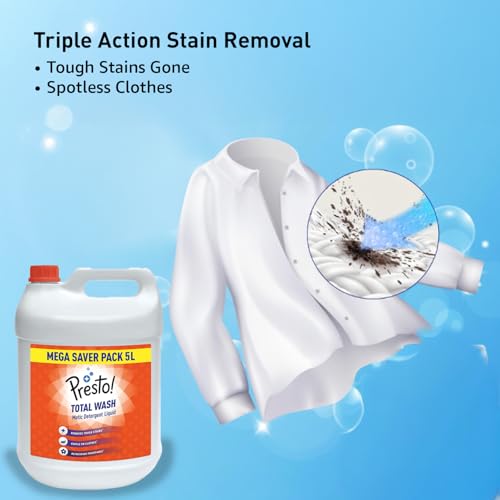 Image of Amazon Brand - Presto! Total Wash Matic Detergent Liquid | 5 Litre | Removes Tough Stains | Gentle On Clothes | Refreshing Fragrance | Liquid Detergent For Washing Machine And Hand Wash