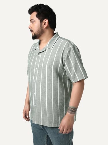 Image of Urbano Plus Men's Cotton Half Sleeve Relaxed Fit Linen Striped Shirt with Cuban Collar