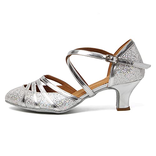 HROYL Zapatos de Baile Latino Mujer Cerrados Salsa y Bachata Tango Zapatos Baile Flamenco de Salón Tacon Bajo Suela Cuero Plateado 40.5 EU